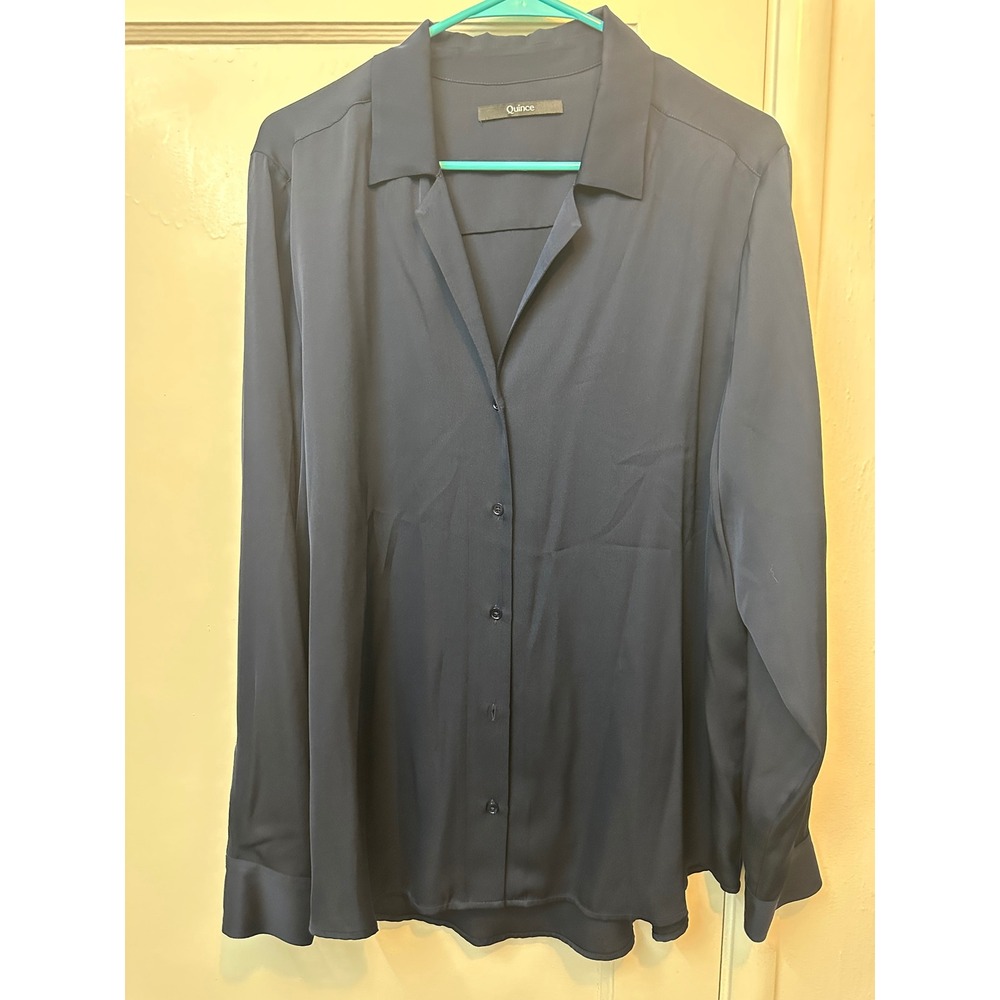Quince Navy Blue Stretch Silk Long Sleeve Button Down Blouse XL